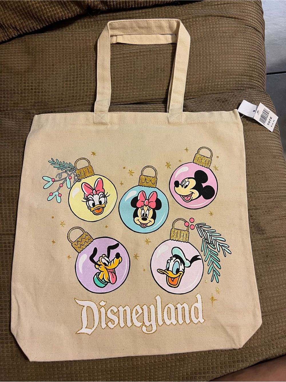 Disney Beige Canvas Tote Bag with Holiday Character Ornaments